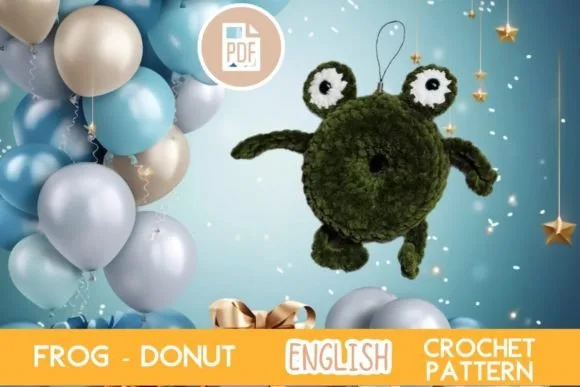 Crochet pattern preview for an amigurumi frog donut keychain with large eyes and soft green yarn.