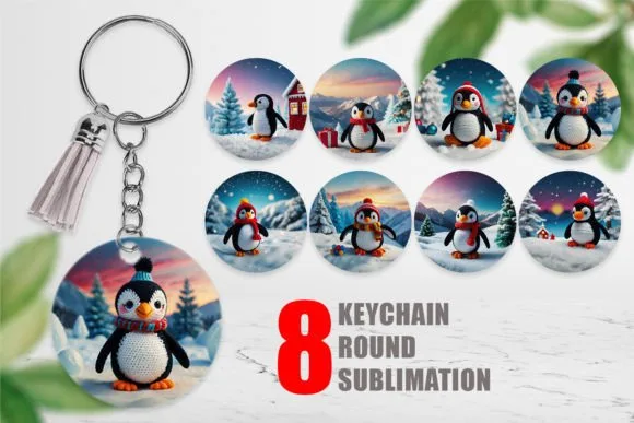 A completed crochet penguin keychain with a winter hat displayed alongside round sublimation prints