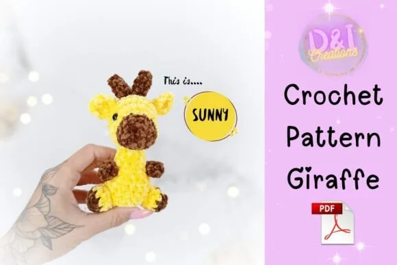 A small handmade crochet giraffe amigurumi toy held in a hand next to text reading Crochet Pattern Giraffe Sunny.